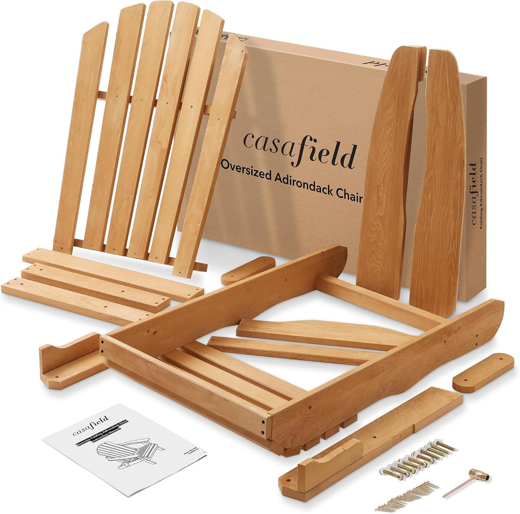 Casafield Oversized Folding Adirondack Chair, Set of 4 Cedar Wood Outdoor Fire Pit Lounge Chairs for Patio, Deck, Yard, Lawn and Garden Seating, Partially Pre-Assembled - Natural