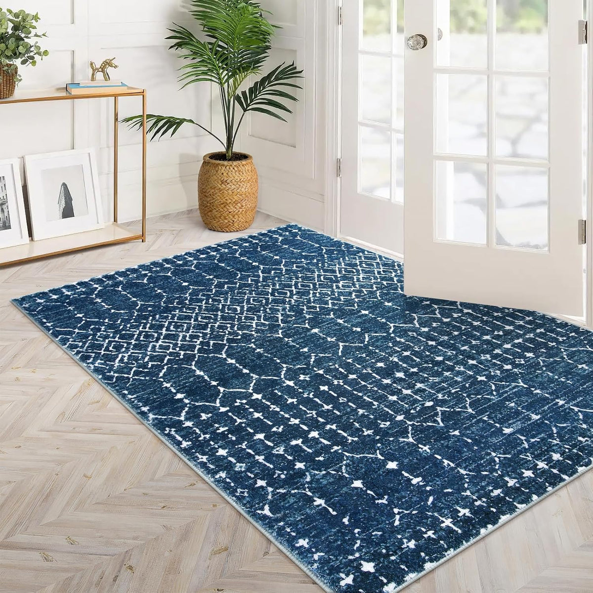 Lahome Moroccan Blue 3x5 Non-Slip Washable Soft Rug for Bedroom Floor Throw, Geometric Print Distressed Indoor Modern Rug for Entryway, Dining Room, Bathroom Hana