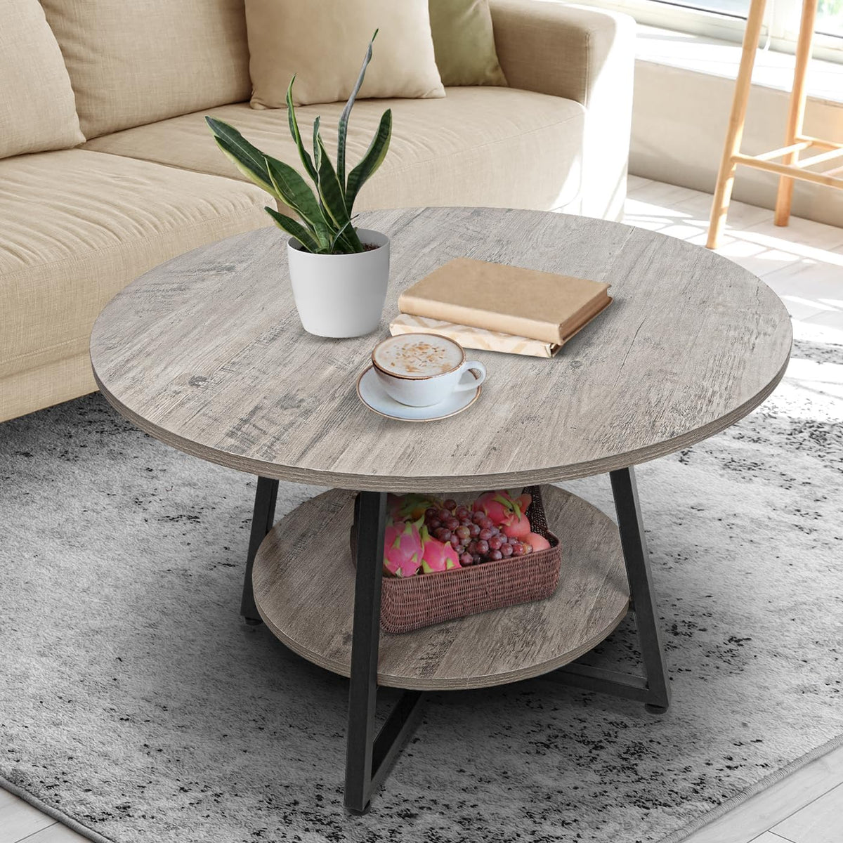 Round Coffee Table, 2-Tier Circle Coffee Table with Storage, Modern Wood Round Center Table, for Living Room, Small Space, Home Office, Easy Assembly, Wash Gray
