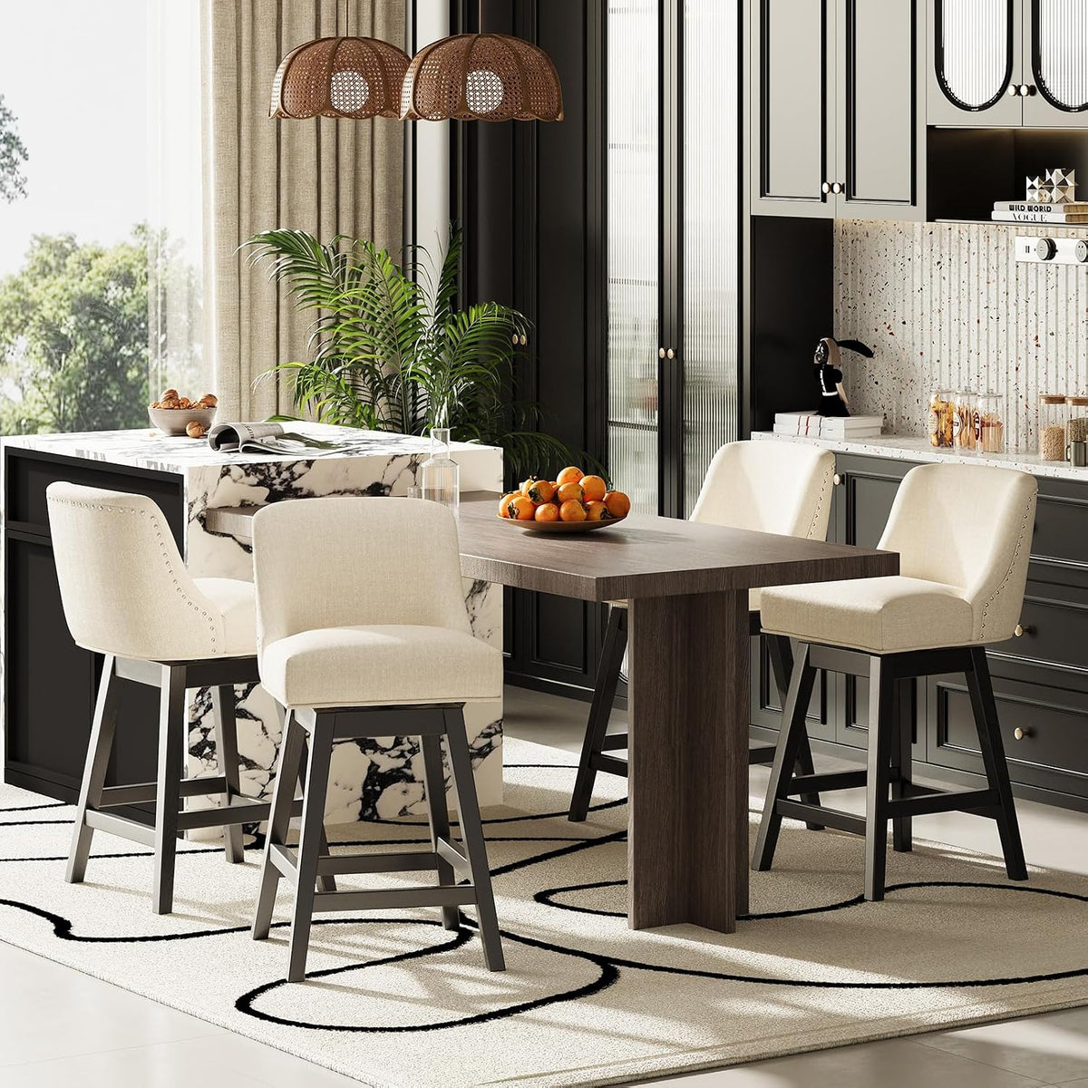 MALOL 27" Swivel Bar Stools Set of 3, Upholstered Barstools with Padded Seats and Solid Wood Legs, Counter Height Kitchen Stools for Kitchen Island, Breakfast Nook, Beige