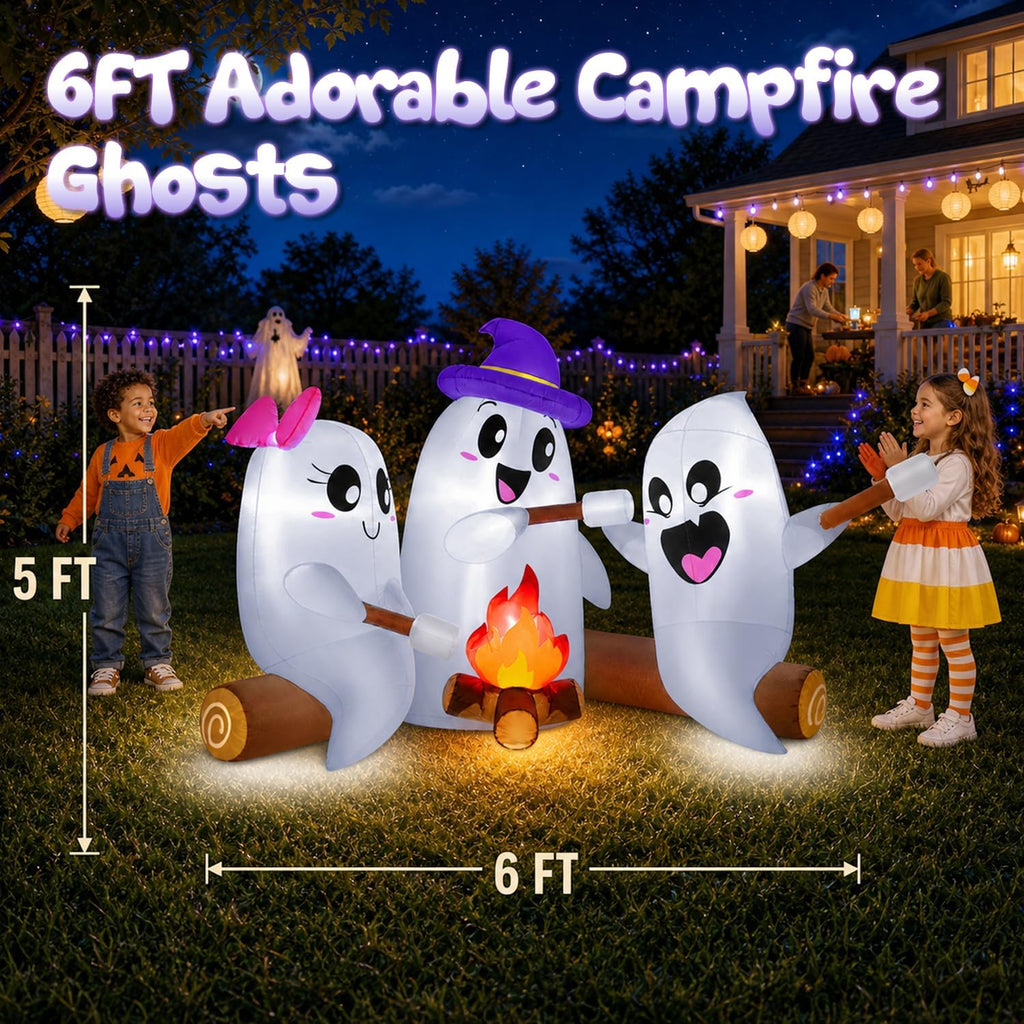 zukakii 6FT Long Halloween Inflatables Decorations Outdoor Campfire Ghosts Adorable Halloween Blow up Yard Decoration Blowup Cute 3 Ghosts Roasting Marshmallows Over Campfire Built-in LEDs Party Lawn