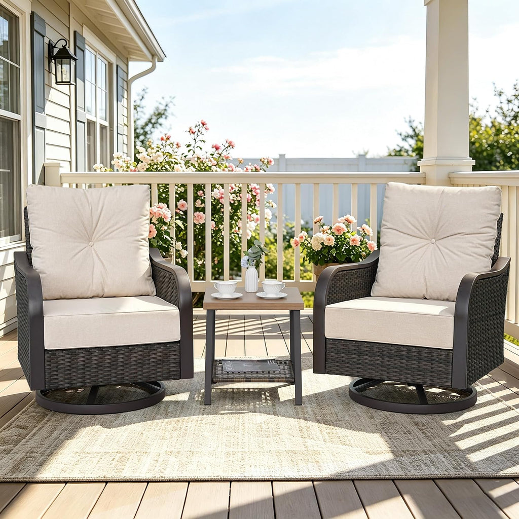 Wicker Swivel Rocking Chairs Set with 6 Inch Cushions, Beige