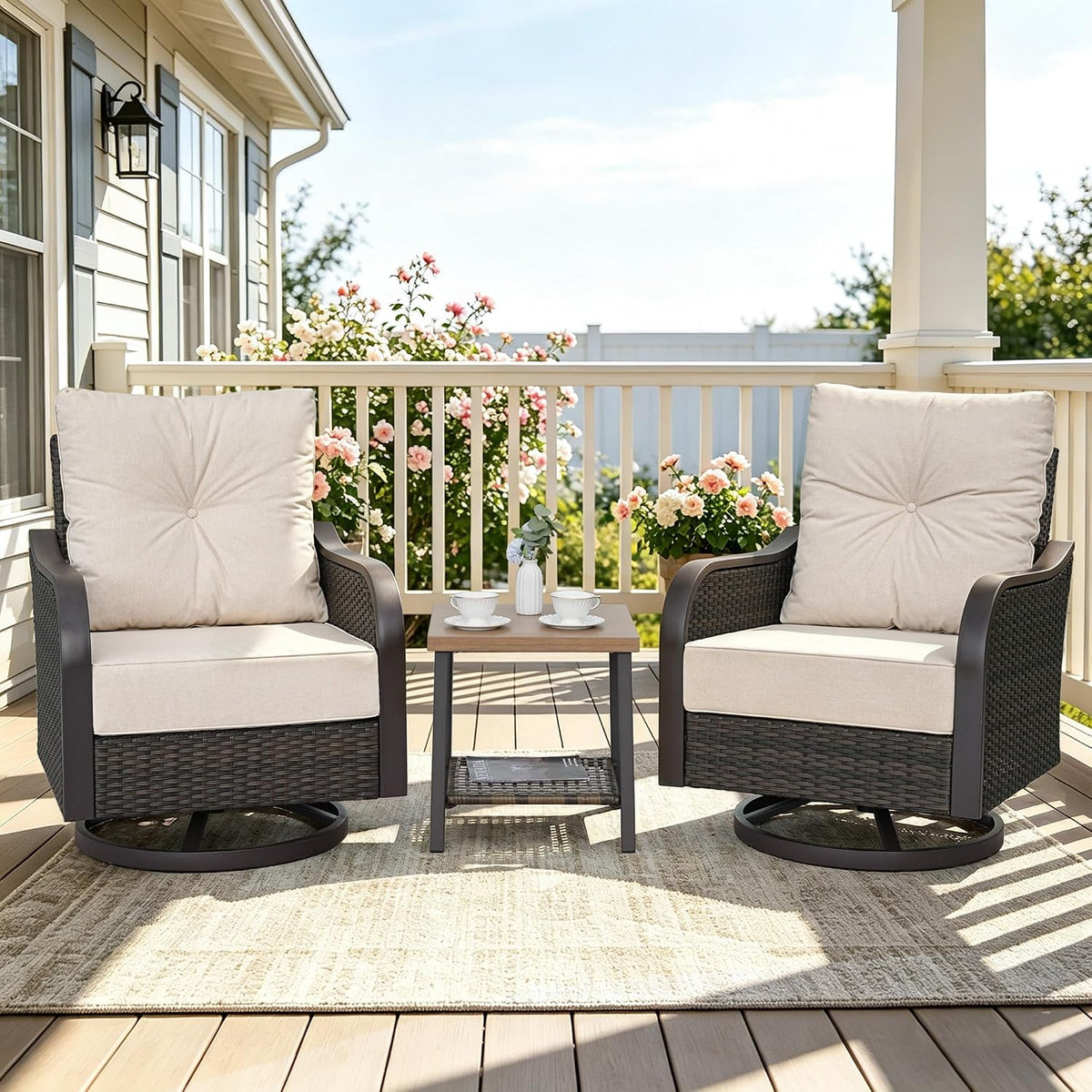 Wicker Swivel Rocking Chairs Set with 6 Inch Cushions, Beige