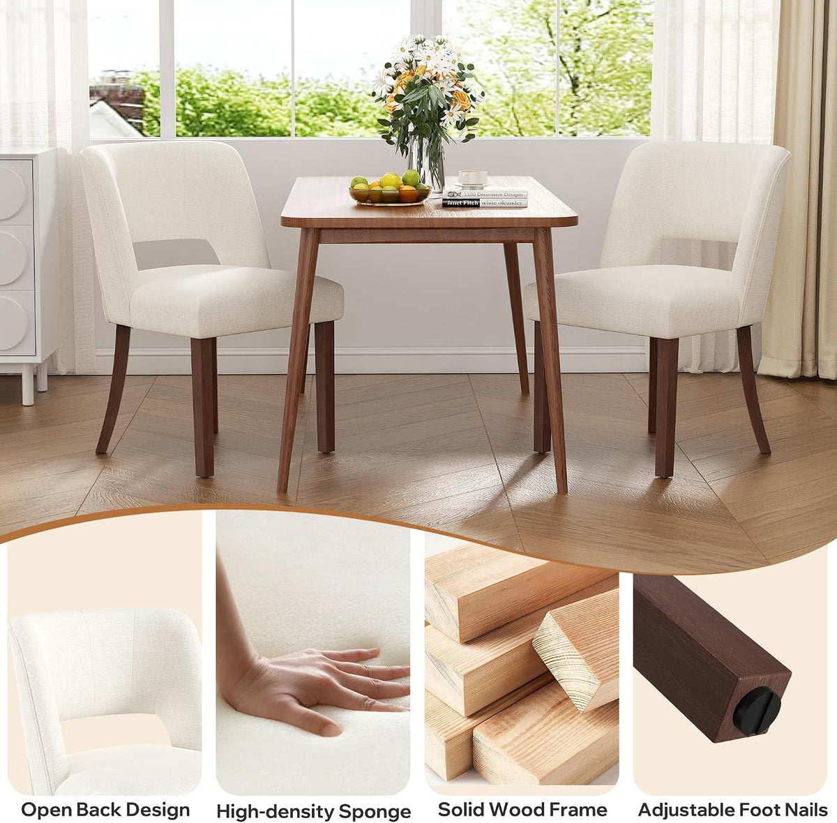 Dining Chairs Set of 4,Modern Dining Room Chairs with Thick Cushions,Linen Upholstered Kitchen Dining Chairs with Wood Legs for Kitchen Dining Room Living Room,Beige