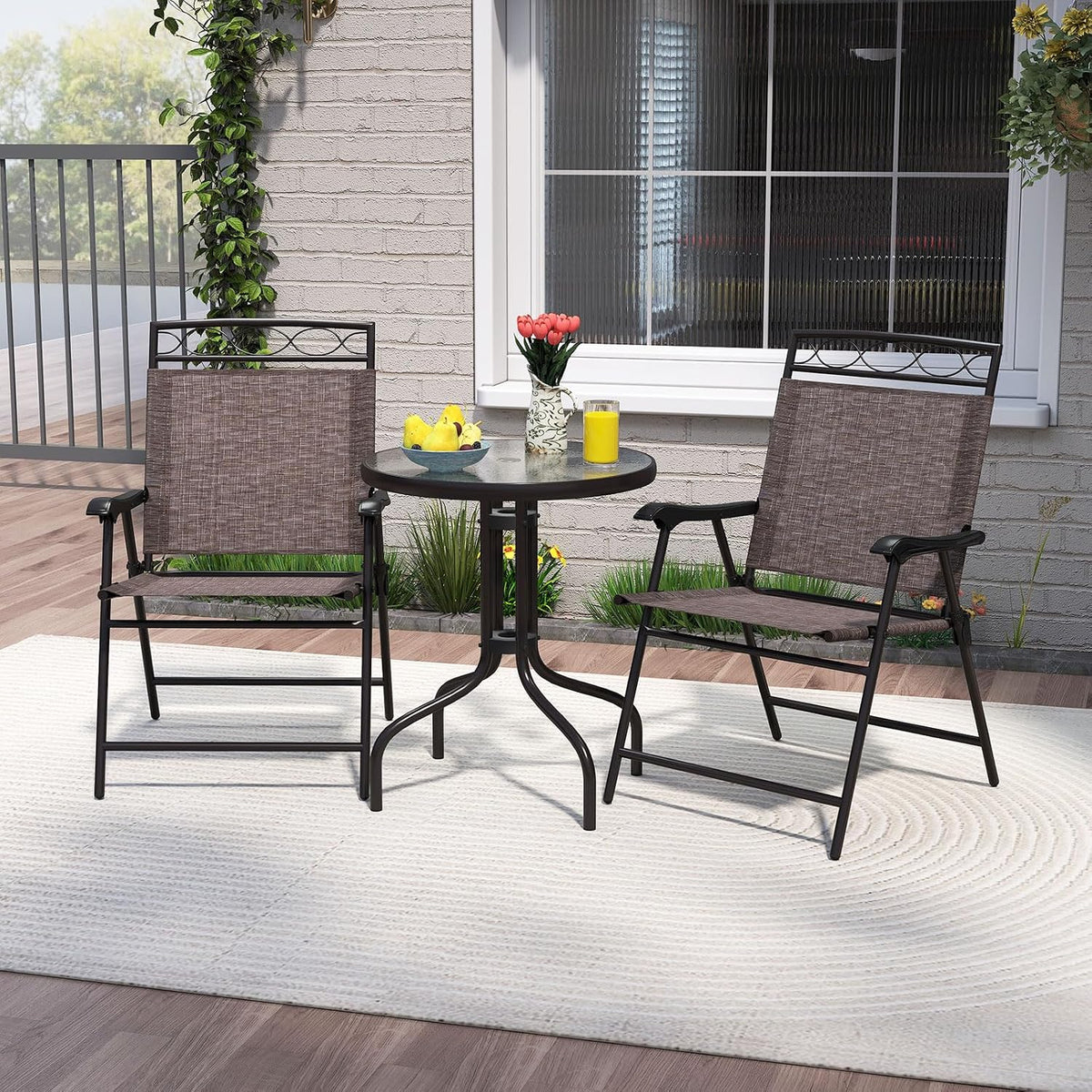 Goplus Bistro Table and Chairs Set of 2, Outdoor 3 Piece Patio Bistro Set with 1.57” Umbrella Hole, Tempered Glass Tabletop, 2 Folding Chairs, Small Patio Furniture Dining Set for Garden, Balcony