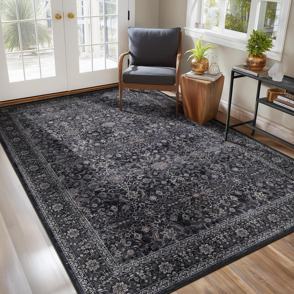 Washable Dark 5x8 Area Rugs, Vintage Farmhouse Earth Tone Carpet for Living Room Bedroom, Low Pile Thin Rug with Non Slip Rubber Backing for Dining Room Kitchen Home Office