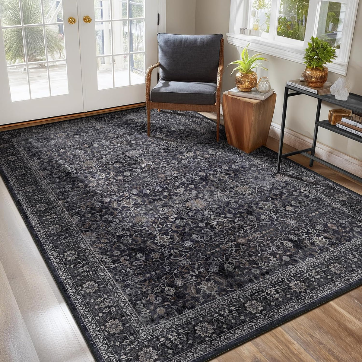 Washable Dark 5x8 Area Rugs, Vintage Farmhouse Earth Tone Carpet for Living Room Bedroom, Low Pile Thin Rug with Non Slip Rubber Backing for Dining Room Kitchen Home Office