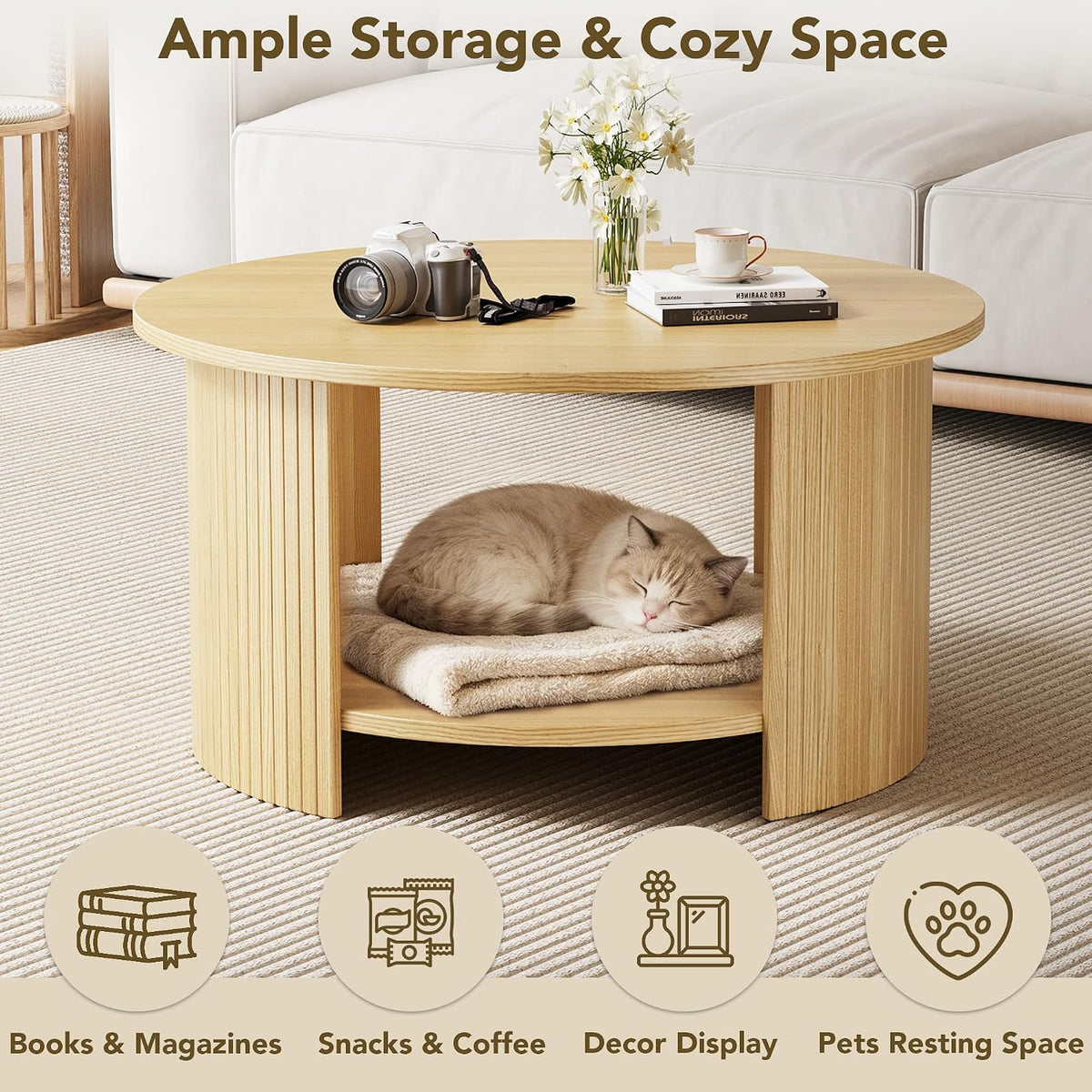 Round Coffee Table with Storage, 31.5" Modern Fluted Center Table, 2-Tier Mid Century Coffee Table, Wood Circle Table for Living Room, Home Office, Small Space, Oak