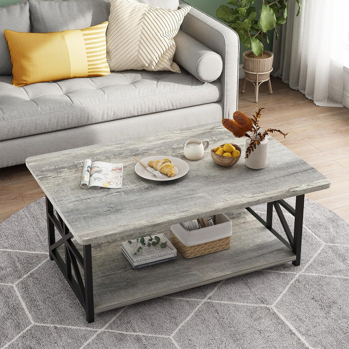 AWQM Gray Coffee Table for Living Room with Round Corners, 2 Tier Living Room Table with Storage Shelf,Rectangular Coffee Table Center Table for Small Spaces,Easy Assembly