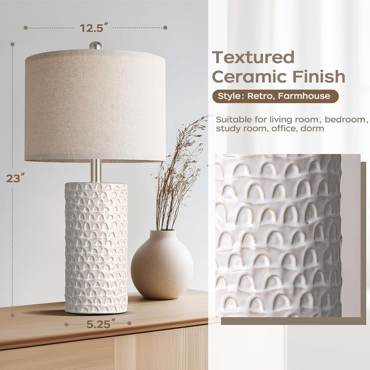PARTPHONER 23" Modern Ceramic Table Lamp Set of 2, Table Lamps for Living Room, Rustic Farmhouse Bedside Lamps Nightstand lamp for Bedroom, White Desk Lamp for End Table Home Decor Beige