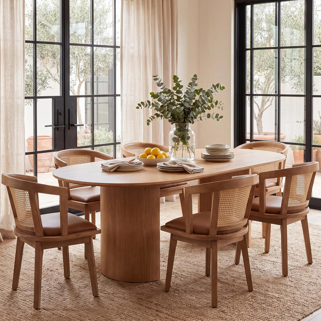 EALSON Rattan Mid Century Dining Chairs Set of 4 Modern Farmhouse Wooden Dining Room Chairs with Cane Curved Back Leather Upholstered Comfortable Kitchen Side Chairs for Restaurant, Brown