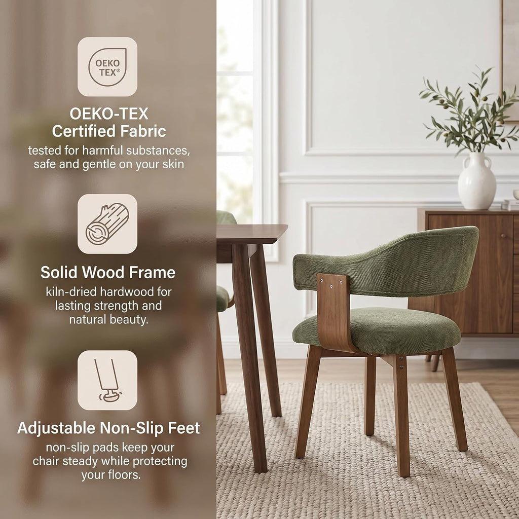 ROCITY Green Dining Chairs Set of 4 Upholstered Dining Room Chairs, Mid Century Modern Kitchen Chairs with Curved Backrest and Wooden Legs for Dining,Living Room