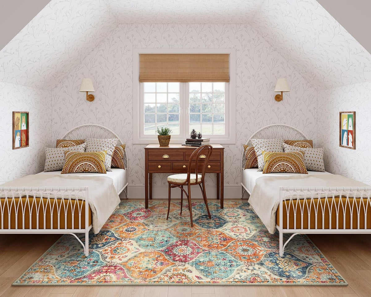 Lahome Moroccan 5x8 Area Rug, Ultra-Thin Washable Rugs for Living Room Bedroom, Soft Large Oriental Non-Slip Non Shedding Throw Large Carpet for Dining Room Office Elise, Cream/Multi