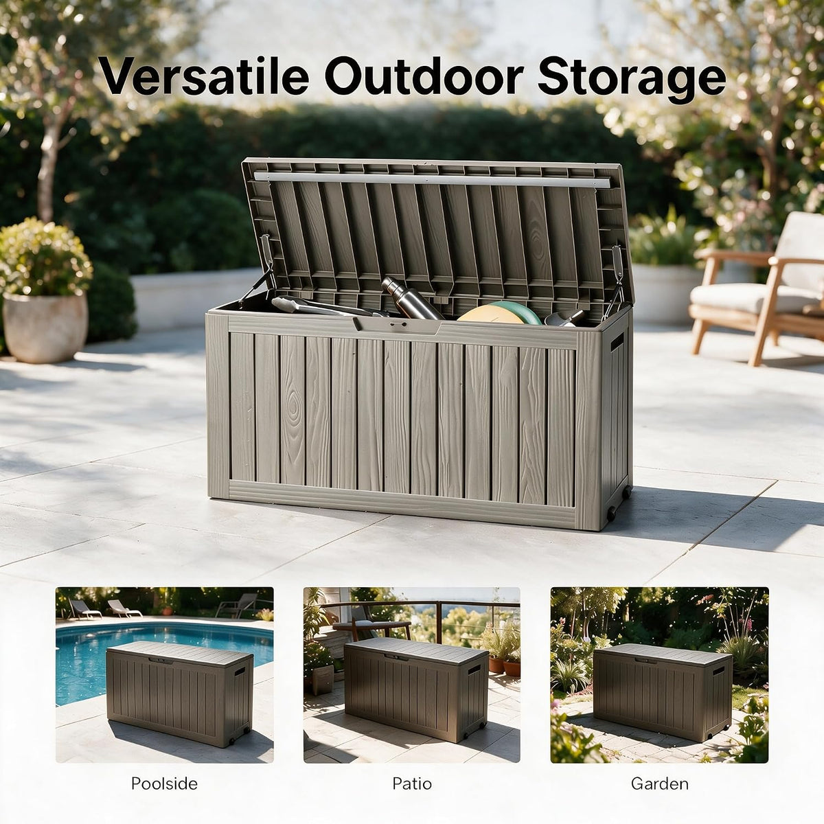92 Gal Deck Box,Waterproof Resin Outdoor Storage Gas Lift,Lockable Grey