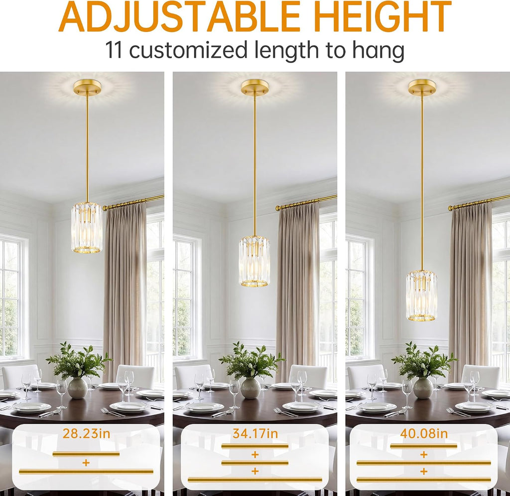 Gold Pendant Light, Modern Crystal Pendant Lights Kitchen Island, Kitchen Island Lighting with Adjustable Height, UL Certified Island Lights for Kitchen Dining Room Bedroom Hallway 3 Pack