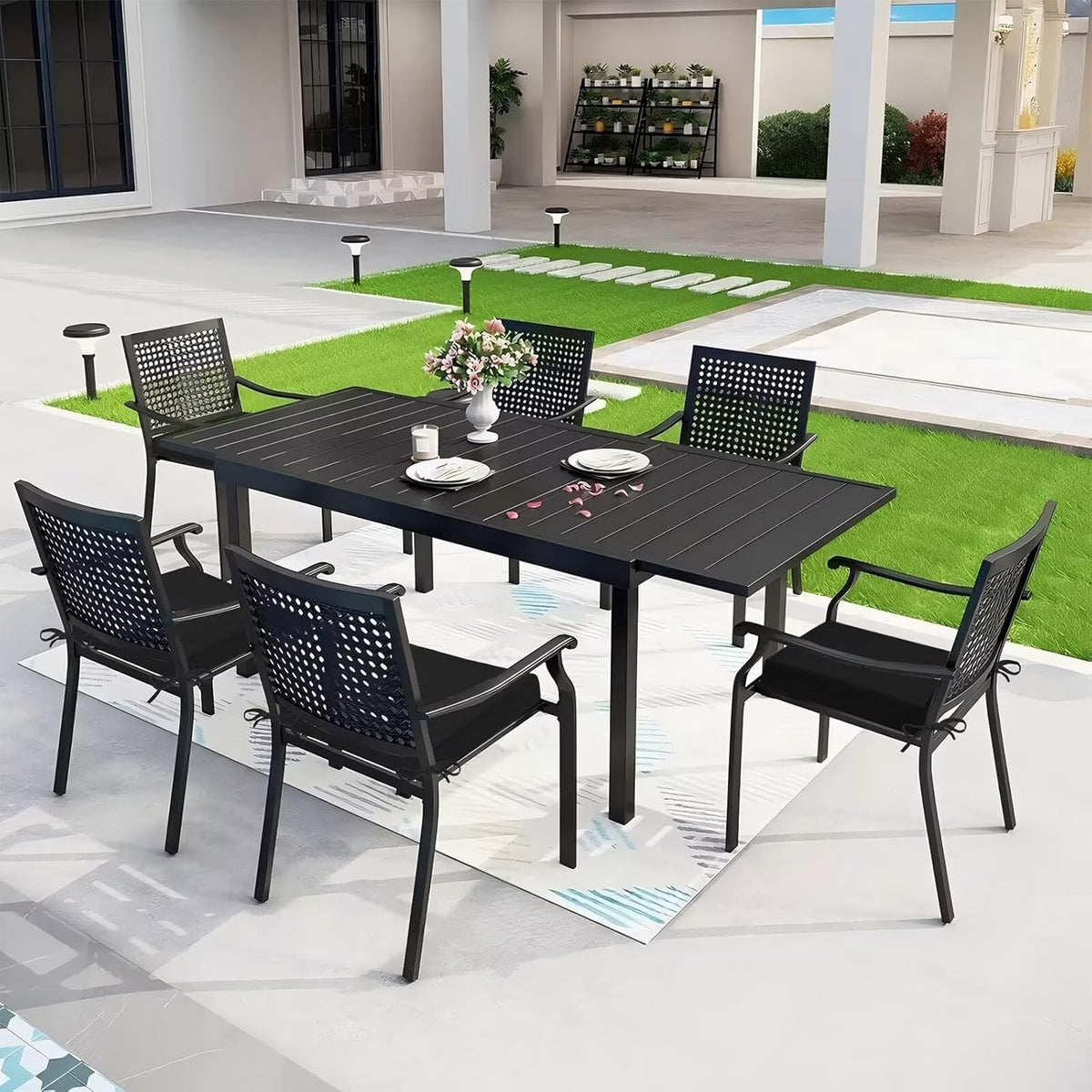 Outdoor Chair Cushions Set of 6, 18.5 x 16 Inch Patio Chair Cushions, Water Resistant, Non-Slip Ties (Black)