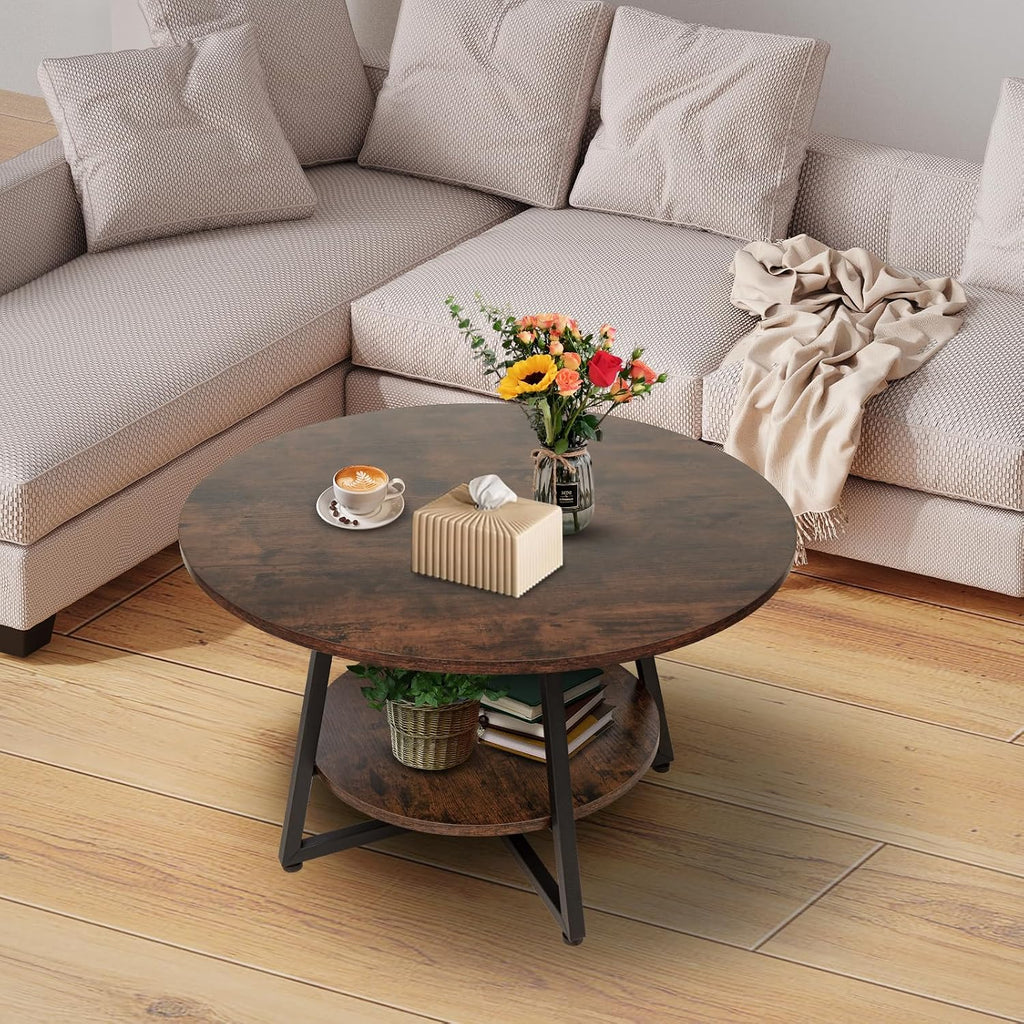 Round Coffee Table, 2-Tier Circle Coffee Table with Storage, Modern Wood Round Center Table, for Living Room, Small Space, Home Office, Easy Assembly, Rustic Brown