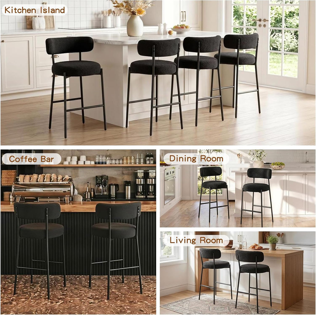 Furniliving 28'' Bar Stools Set of 3, Modern Boucle Counter Height Bar Stools with Ergonomic Curved Back, Upholstered Kitchen Stools, Barstools for Kitchen Island, Bar, Cafe, Black