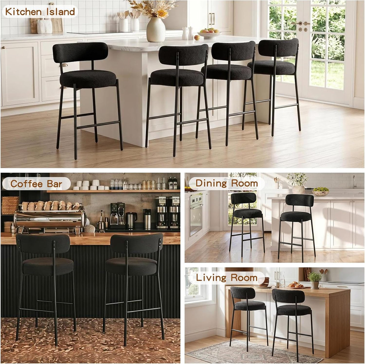 Furniliving 28'' Bar Stools Set of 3, Modern Boucle Counter Height Bar Stools with Ergonomic Curved Back, Upholstered Kitchen Stools, Barstools for Kitchen Island, Bar, Cafe, Black