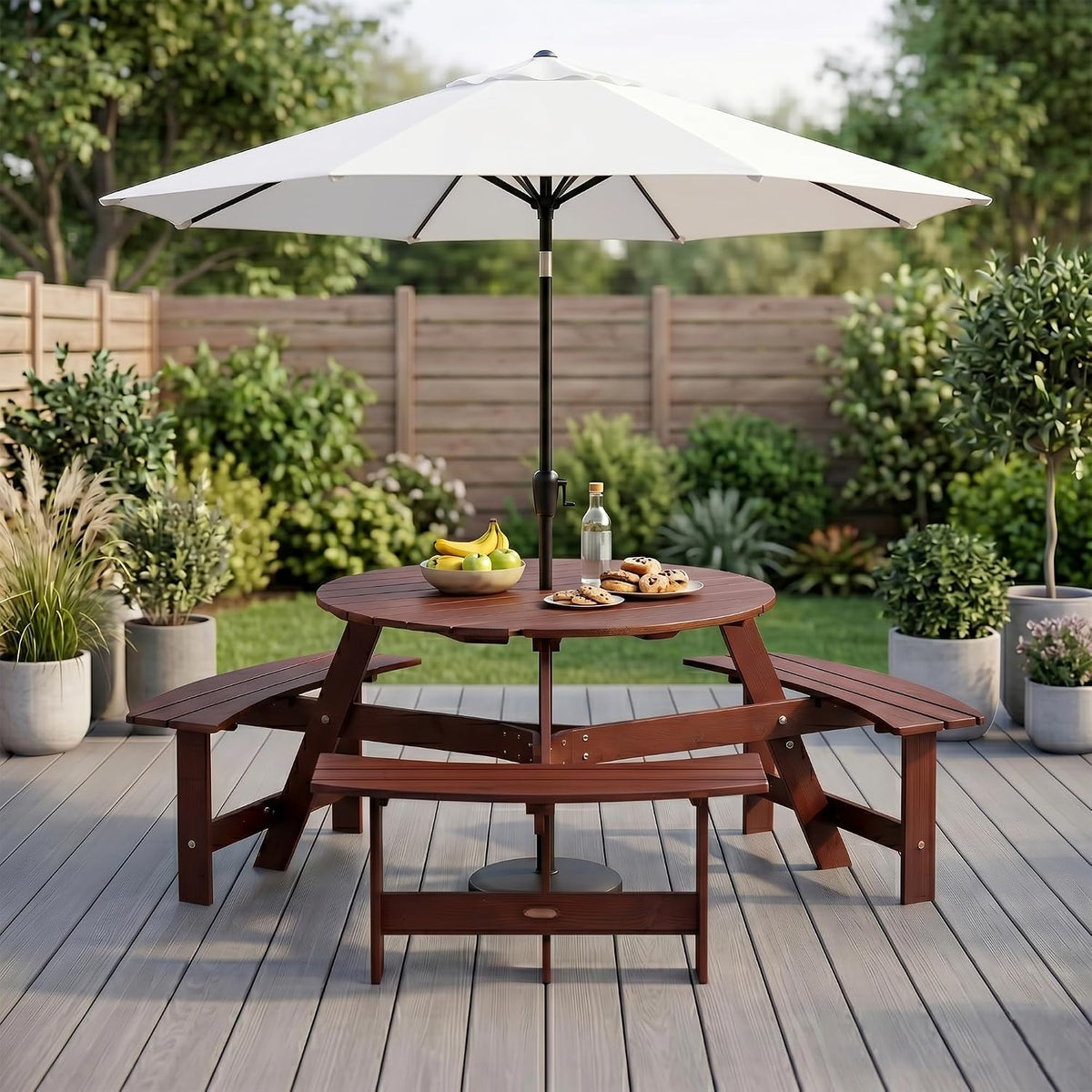 Round 6 Person Outdoor Picnic Table with 3 Built-in Benches