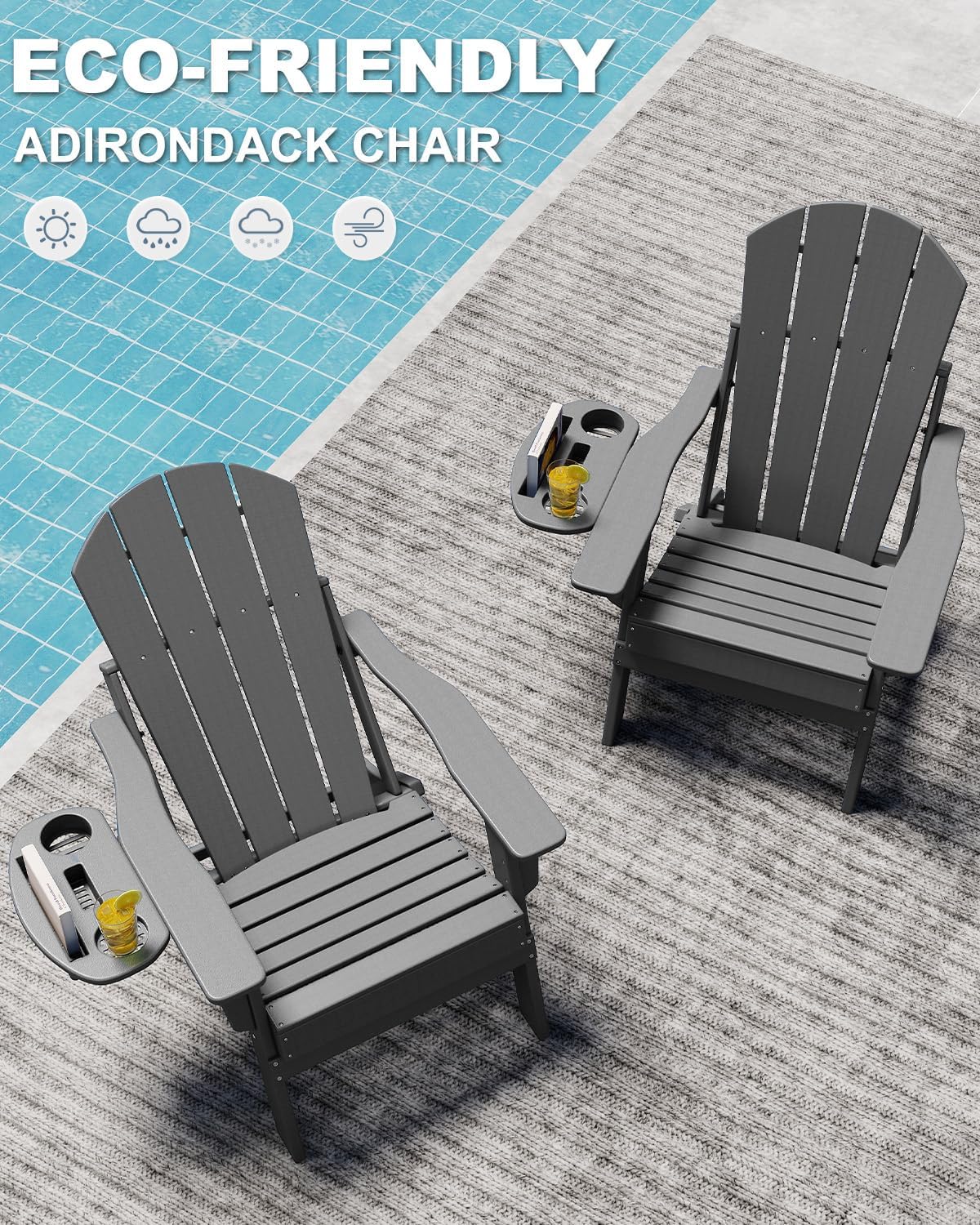 NAVINE Adjustable Adirondack Chairs Set of 8 with Cup Holders, Grey