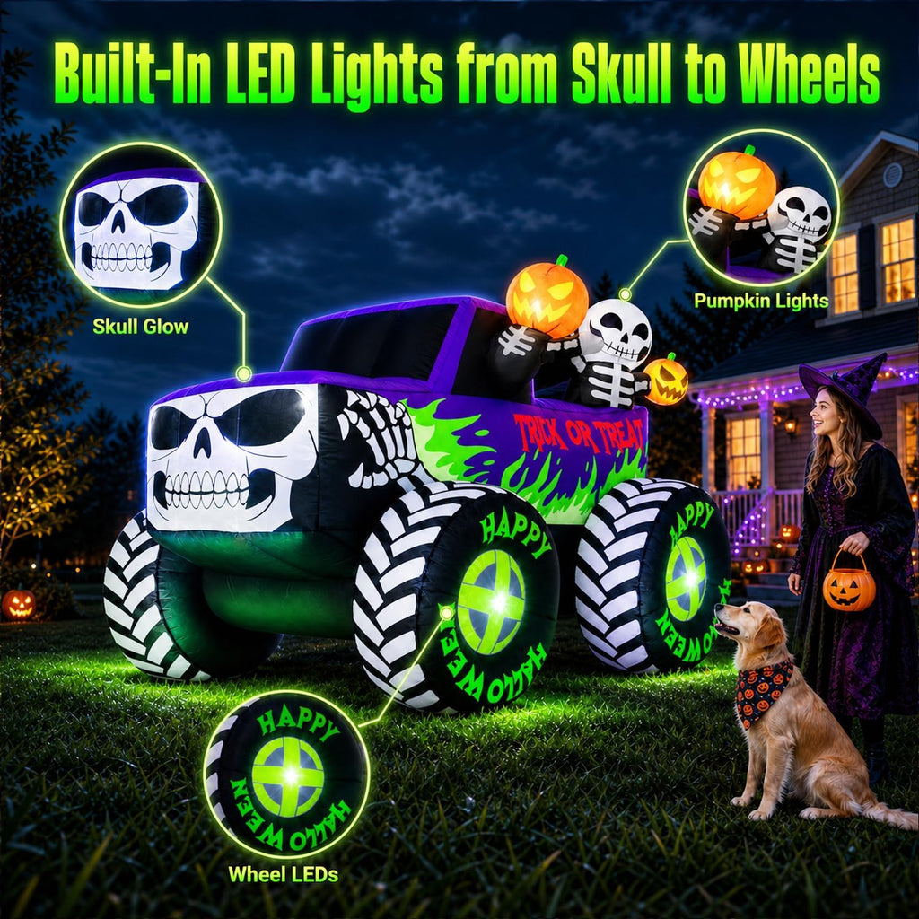 8FT Long Giant Halloween Inflatables Decoration Outdoor Skeleton Monster Truck Built-in Full-Body LEDs Huge Blow up Yard Decorations Large Blowups Strong Blower for Lawn Party Festival