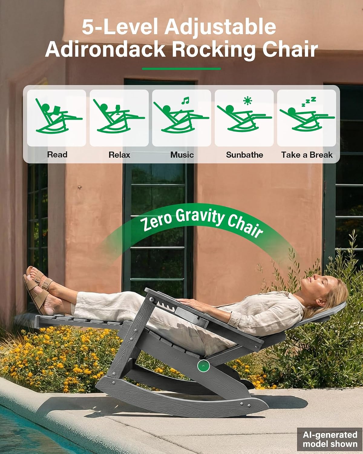 YEFU Adirondack Rocking Chairs, Adirondack Chair with Footrest, Grey