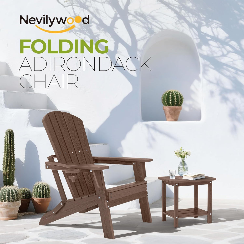 nevilywood Folding Adirondack Chairs Set of 2, HDPE Cup Holders, Coffee