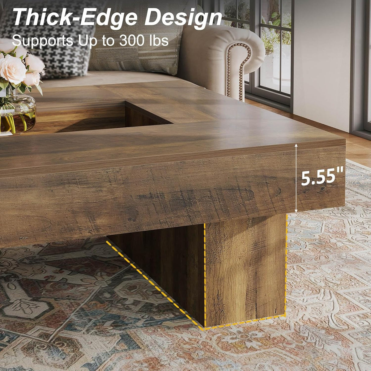 LVB 47"X31" Large Rectangle Wood Coffee Table with Storage Rustic Oak