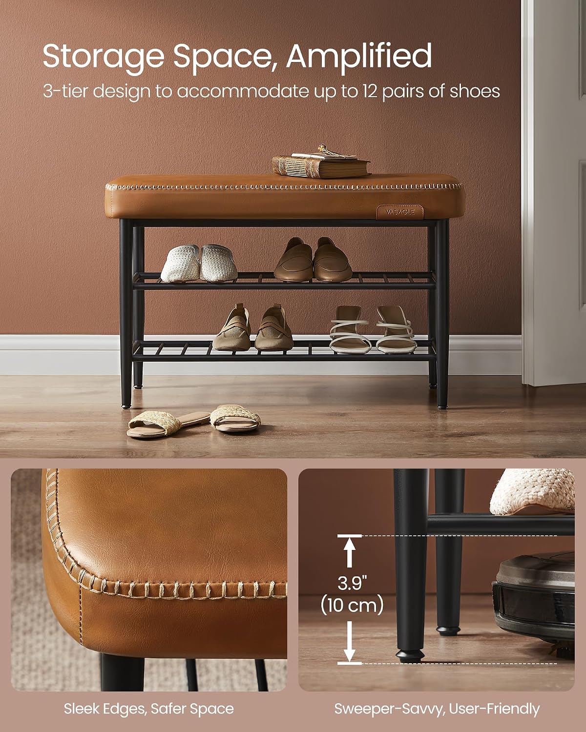 VASAGLE Shoe Bench, Synthetic Leather with Stitching, Loads 300 lb