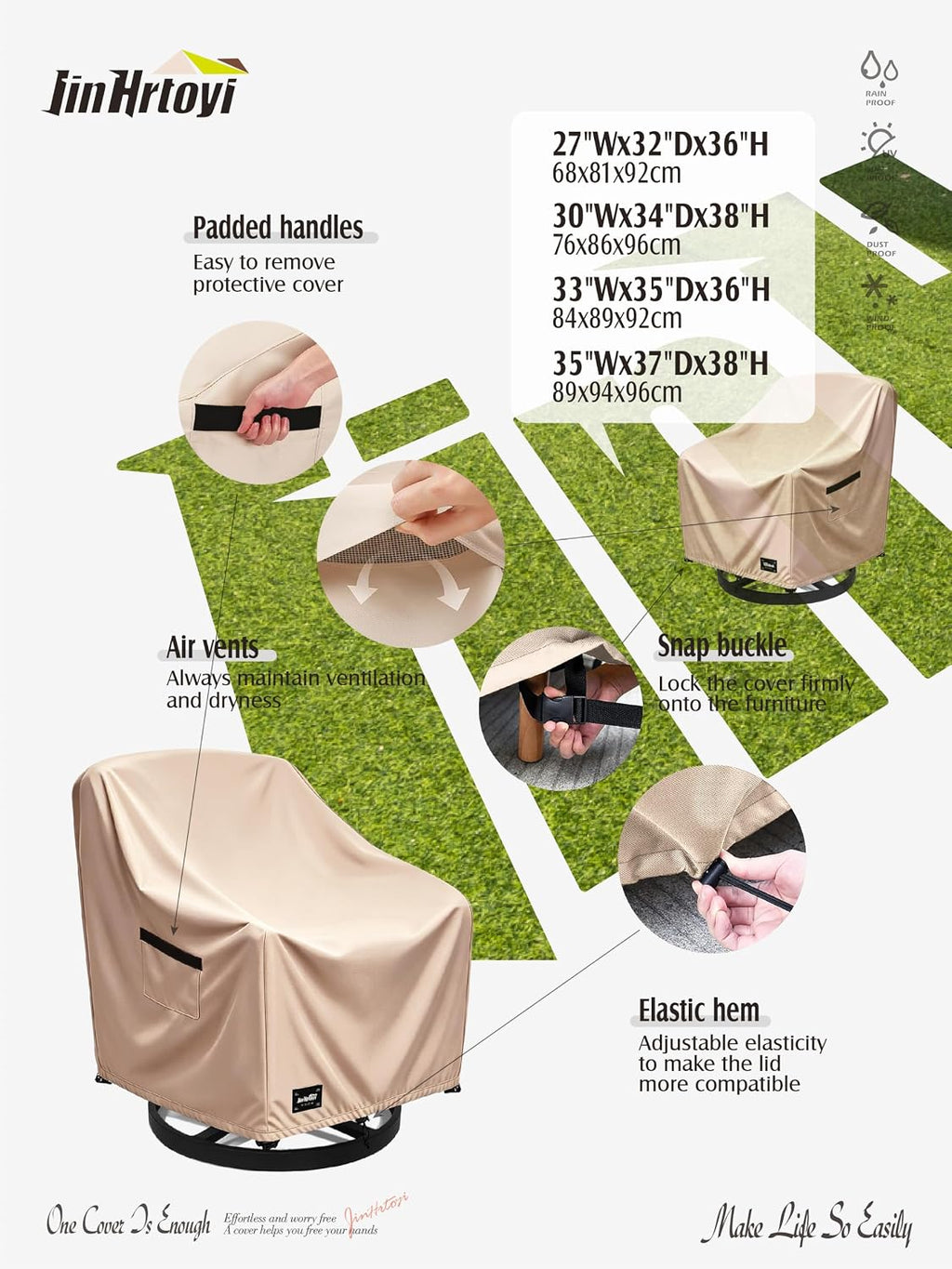 JinHrtoyi Outdoor Chair Covers 2 Pack,30Wx34Dx38H inches Patio Chair Cover,100% Waterproof Heavy Duty Outdoor Furniture Covers Waterproof,Light Brown Minimalism Style Patio Furniture Cover