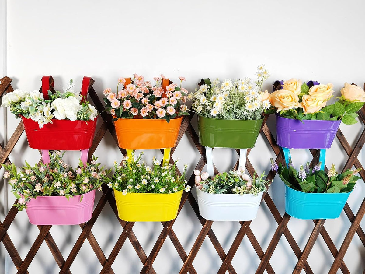 8 Pack 12" Colorful Metal Railing Planters with Hooks for Outdoor Fence