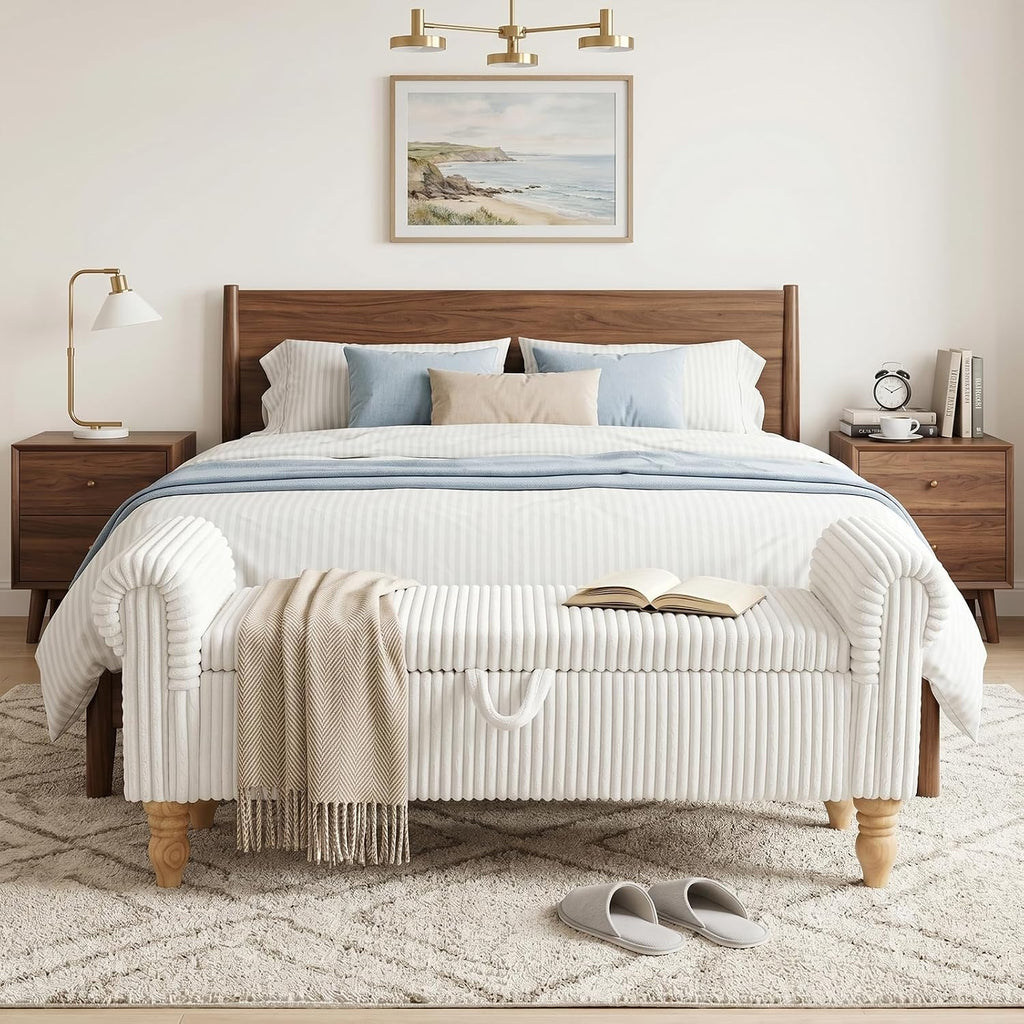 55" Storage Ottoman Bench, Corduroy End of Bed Bench for Bedroom, White