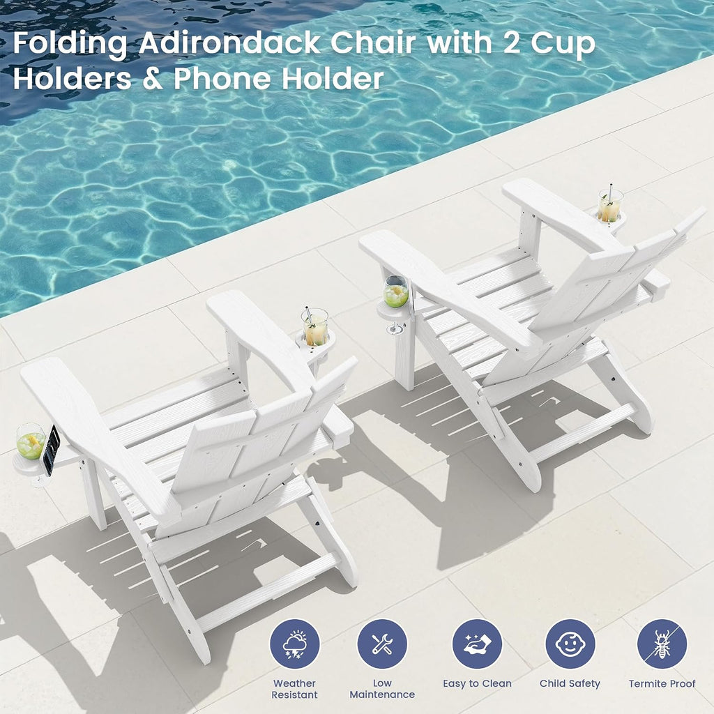 SERWALL HDPE Modern Folding Adirondack Chair with Dual Cup Holder, White