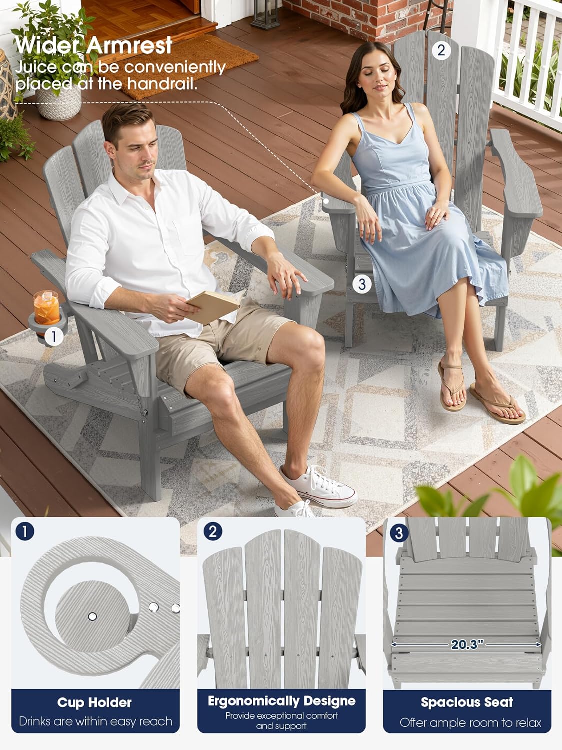 KINGYES Folding Adirondack Chair Set of 6 with Cup Holder, Silver Grey