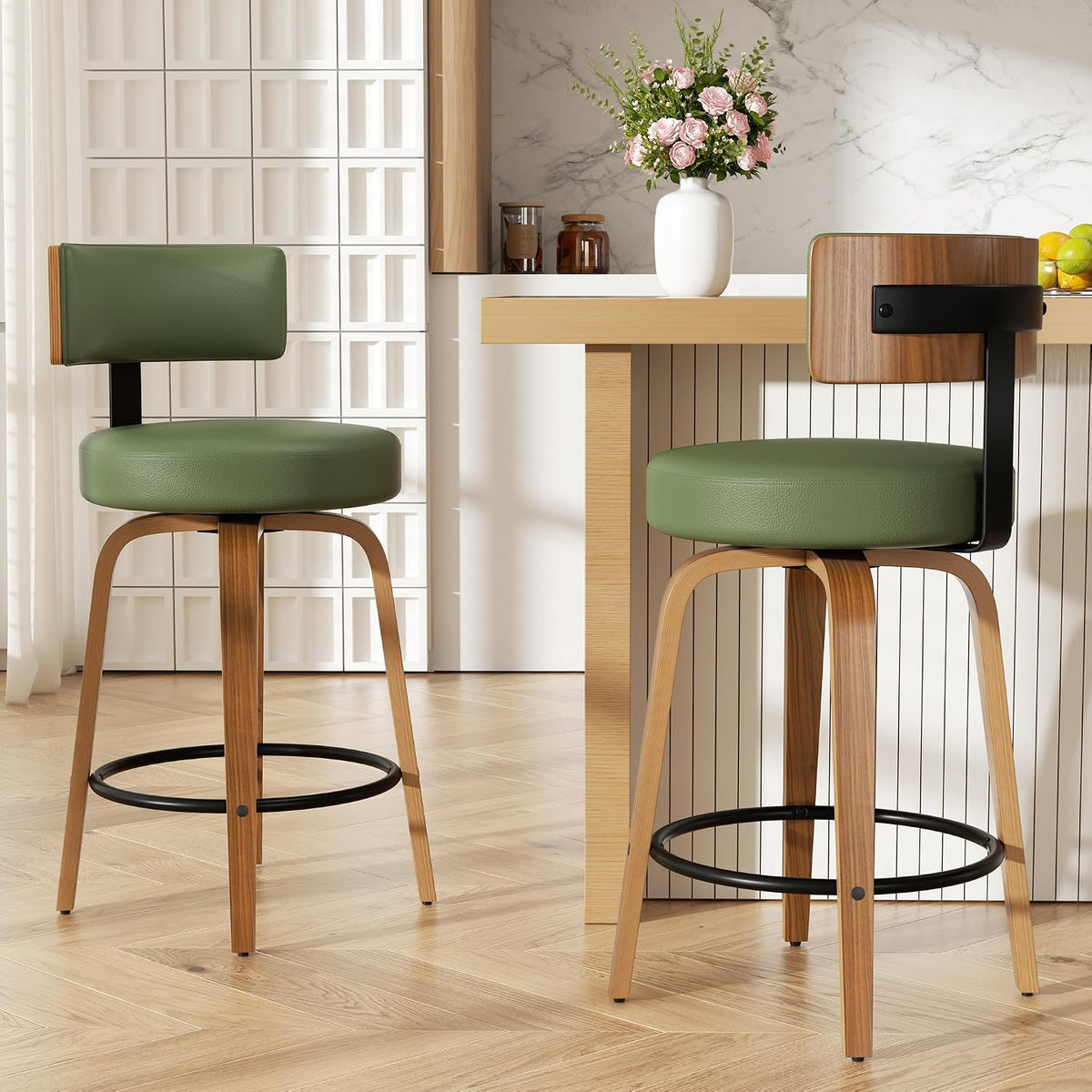 Swivel Bar Stools Set of 2, 26" Faux Leather Upholstered Counter Height Bar Stools with Back and Bentwood Legs, Mid Century Modern Bar Chairs Island Stools for Kitchen Counter, Green
