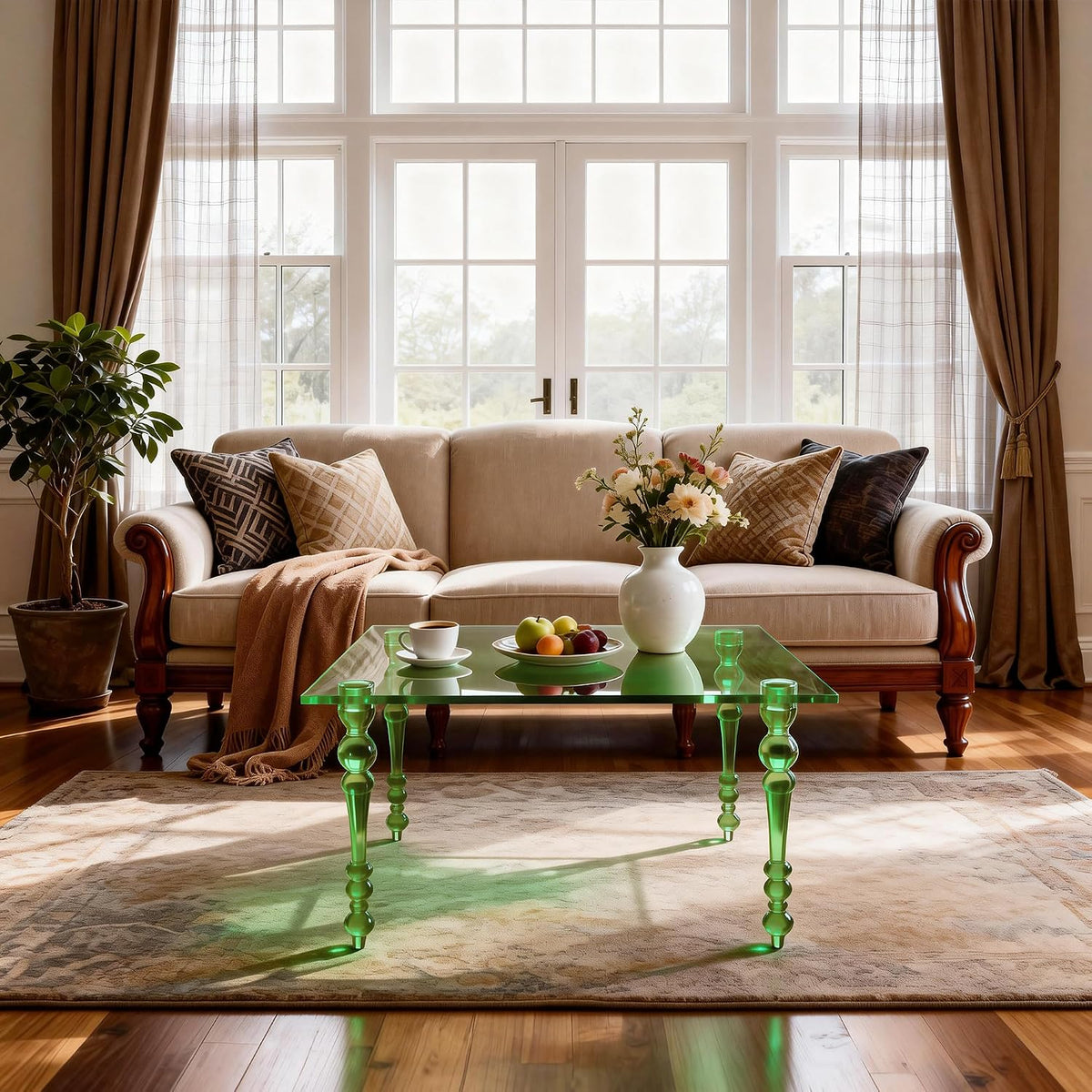 Acrylic Coffee Table Square, Mid-Century Modern Style for Living Room, Bedroom (Green, 31.5"×31.5"×16.9“)