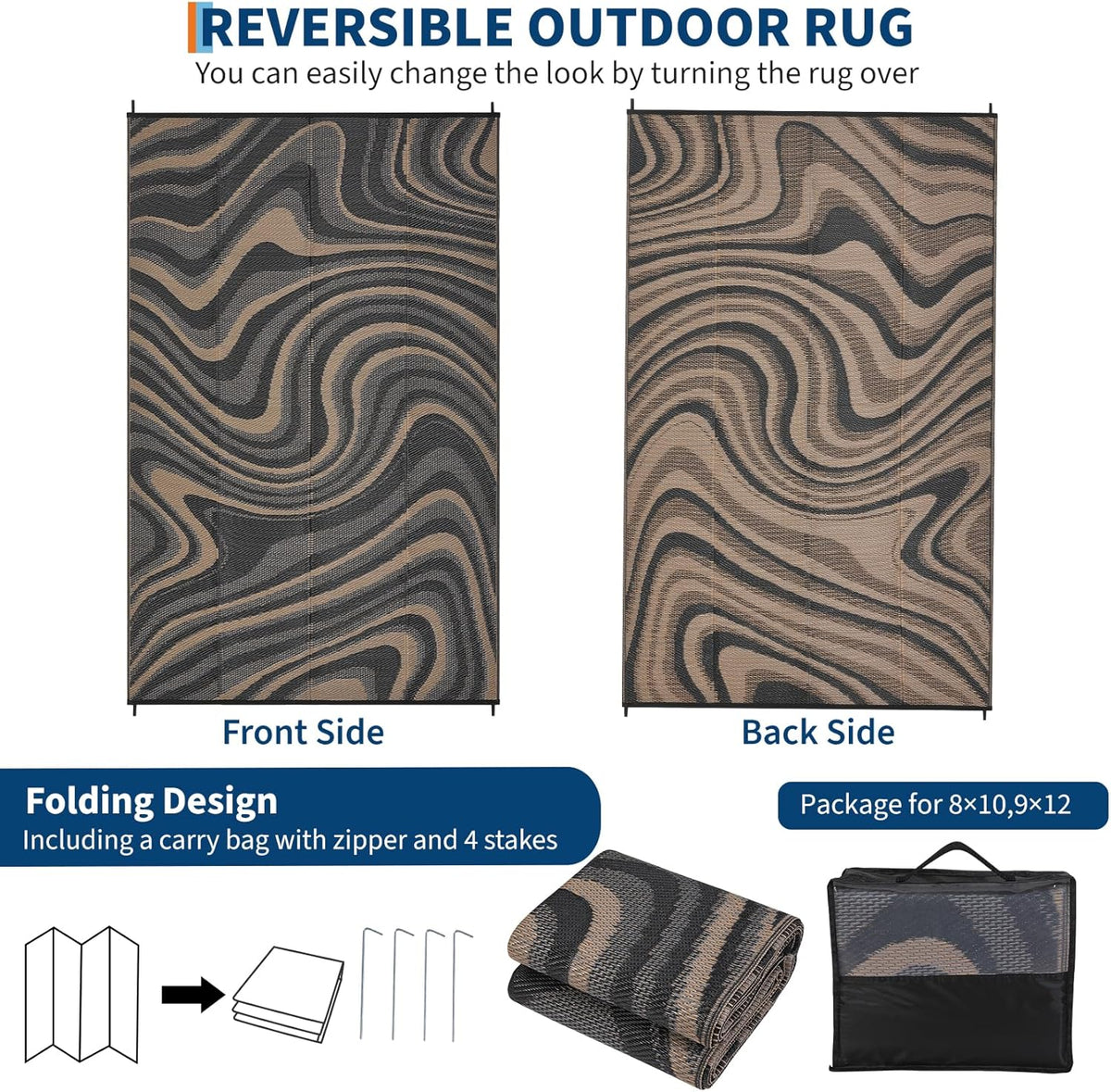 Garvee 9x12 Outdoor Rug Waterproof Camping Rugs for Outside Your RV, Brown