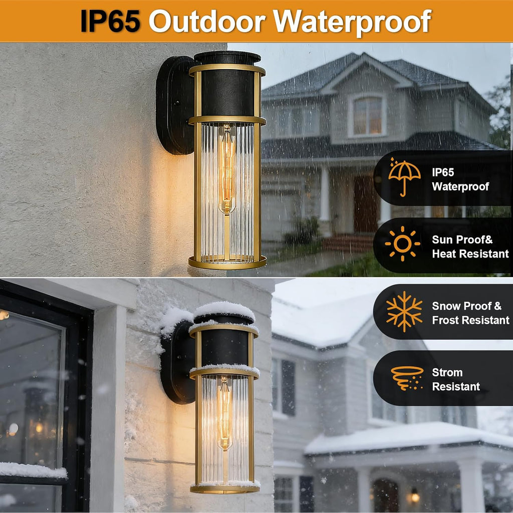 ALVIME 2 Pack Modern Gold & Black Outdoor Wall Sconces, 15 Inch Waterproof Exterior Wall Lanterns with Clear Ribbed Glass, Wall Mount Porch Lights for Front Door Garage Patio