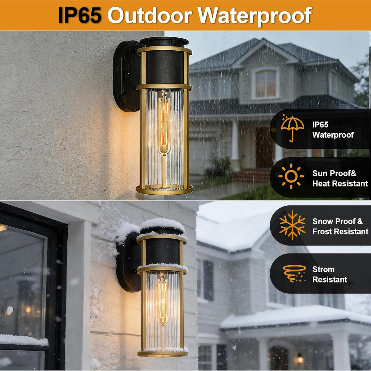 ALVIME 2 Pack Modern Gold & Black Outdoor Wall Sconces, 15 Inch Waterproof Exterior Wall Lanterns with Clear Ribbed Glass, Wall Mount Porch Lights for Front Door Garage Patio