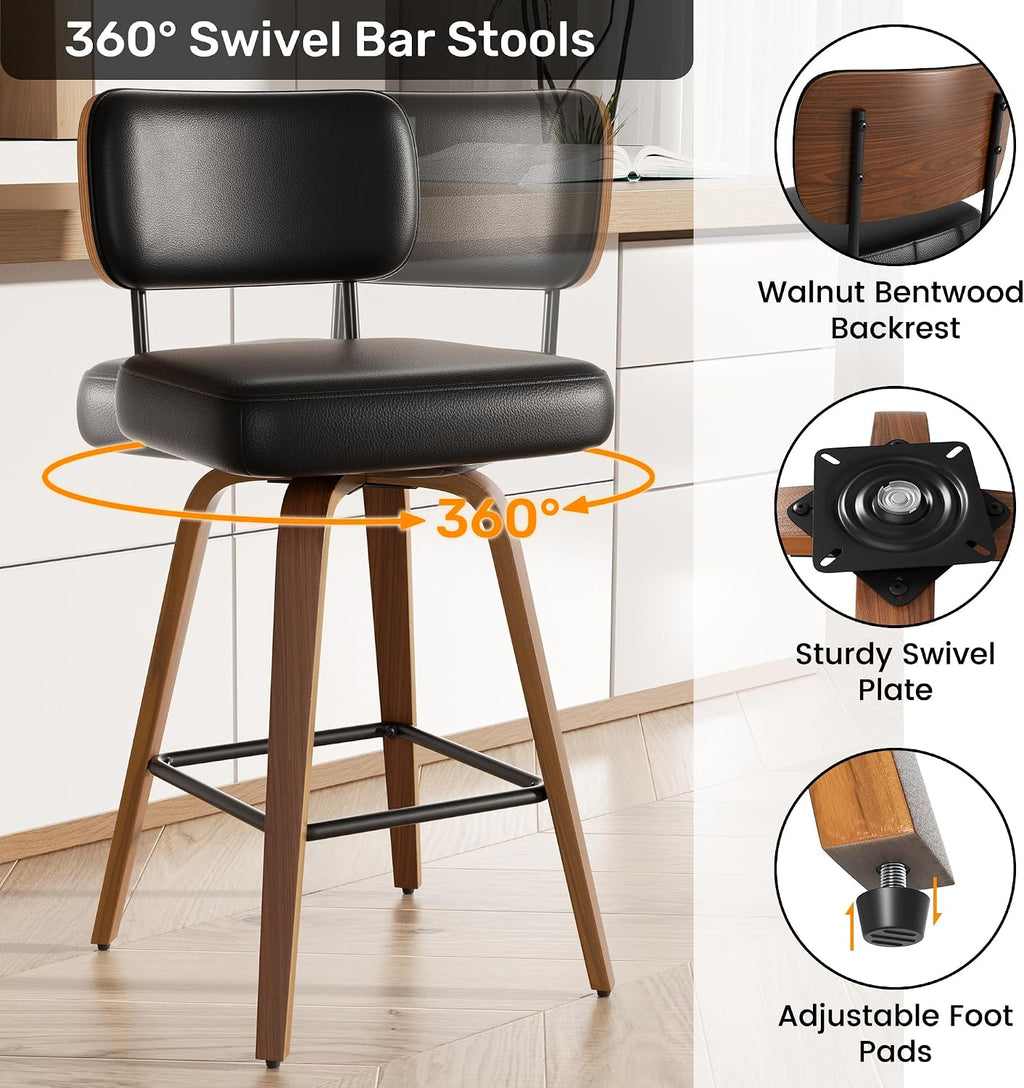 Swivel Bar Stools Set of 4, 26" Upholstered Faux Leather Counter Height Barstools with Walnut Back & Bentwood Legs, Mid Century Modern Bar Chairs Island Stools for Kitchen Counter, Black