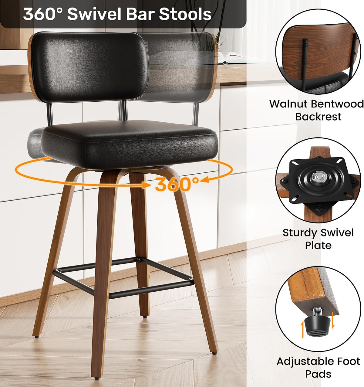 Swivel Bar Stools Set of 4, 26" Upholstered Faux Leather Counter Height Barstools with Walnut Back & Bentwood Legs, Mid Century Modern Bar Chairs Island Stools for Kitchen Counter, Black