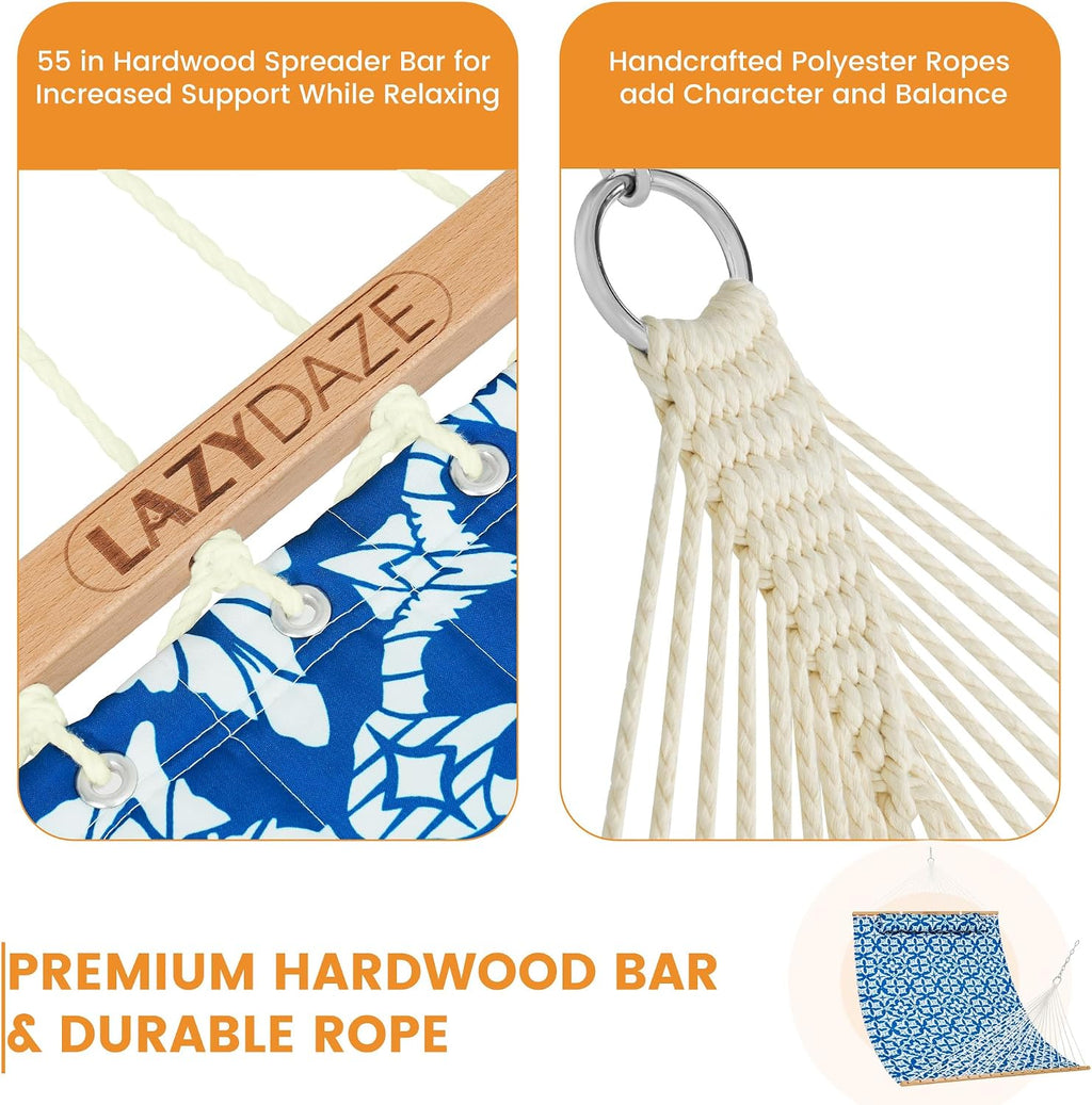 Lazy Daze 12FT Double Quilted Hammock for Outside with Pillow, Floral Navy