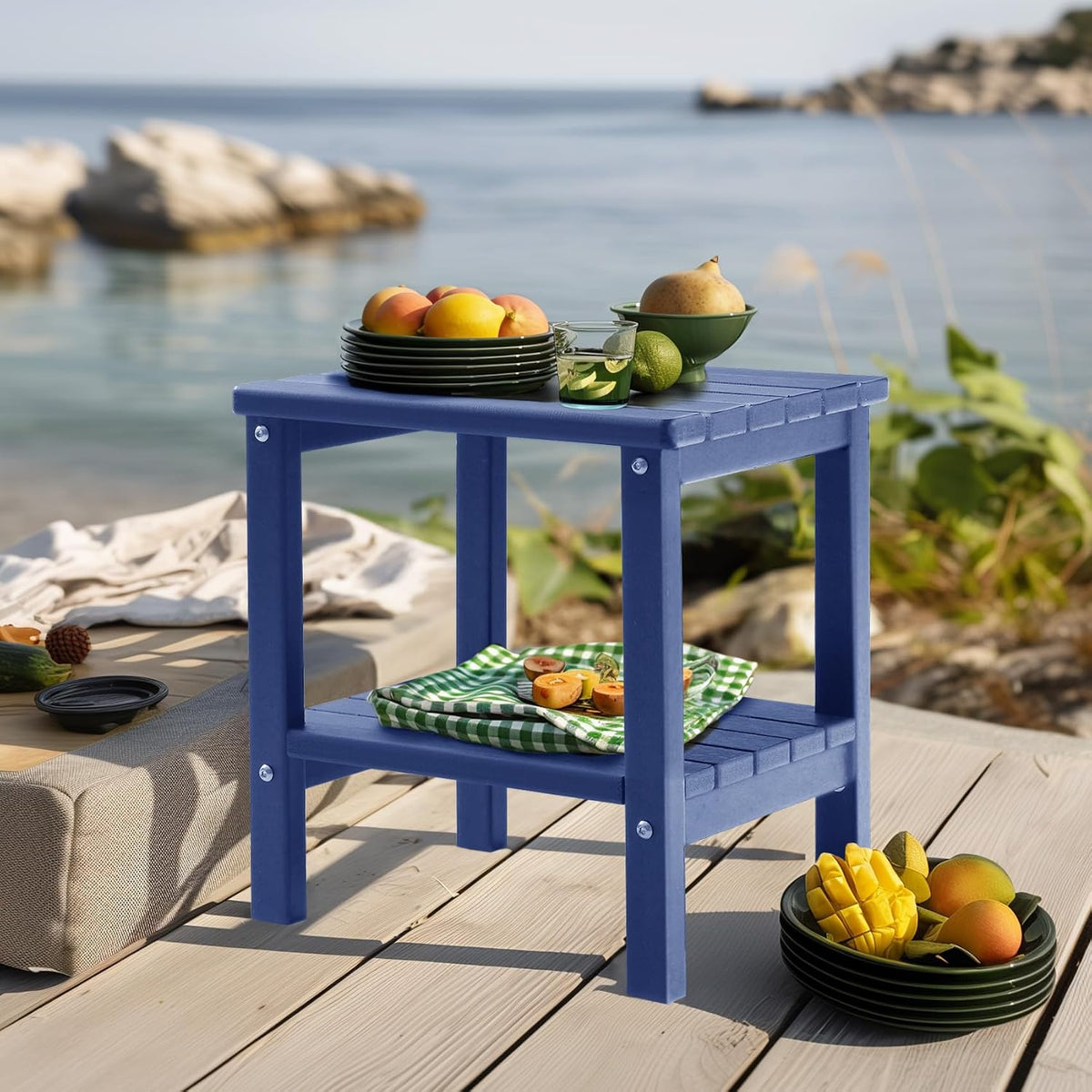 PASAMIC Outdoor Side Table, 2-Tier Storage Patio Side Table, HDPE Adirondack Side Table, Weather Resistant Square Small Outdoor Table for Patio, Backyard, Pool & Garden, Navy Blue