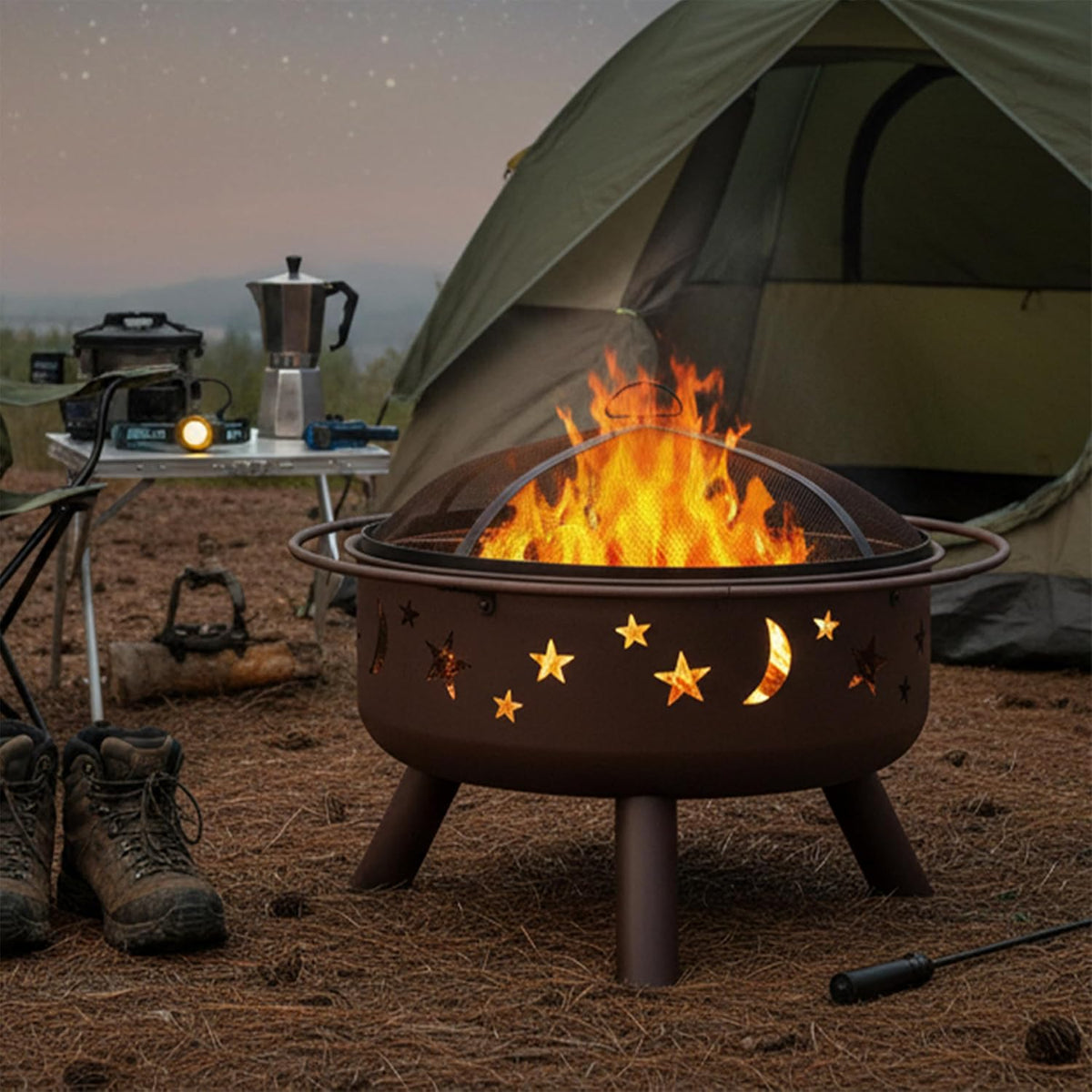 Sunnydaze Cosmic 30" Outdoor Wood Fire Pit with Grill Grate, Steel, Bronze