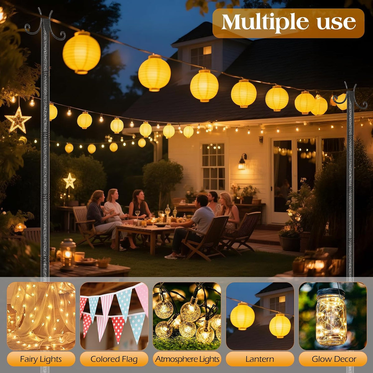 StarryEver 4 Pack String Light Poles, 3M/10FT Adjustable Height Metal Lights Hanging Pole with 2 Hooks and Rustproof, for Yard Patio Decor, Camping, Sun Shades Outdoor, Outside Decor