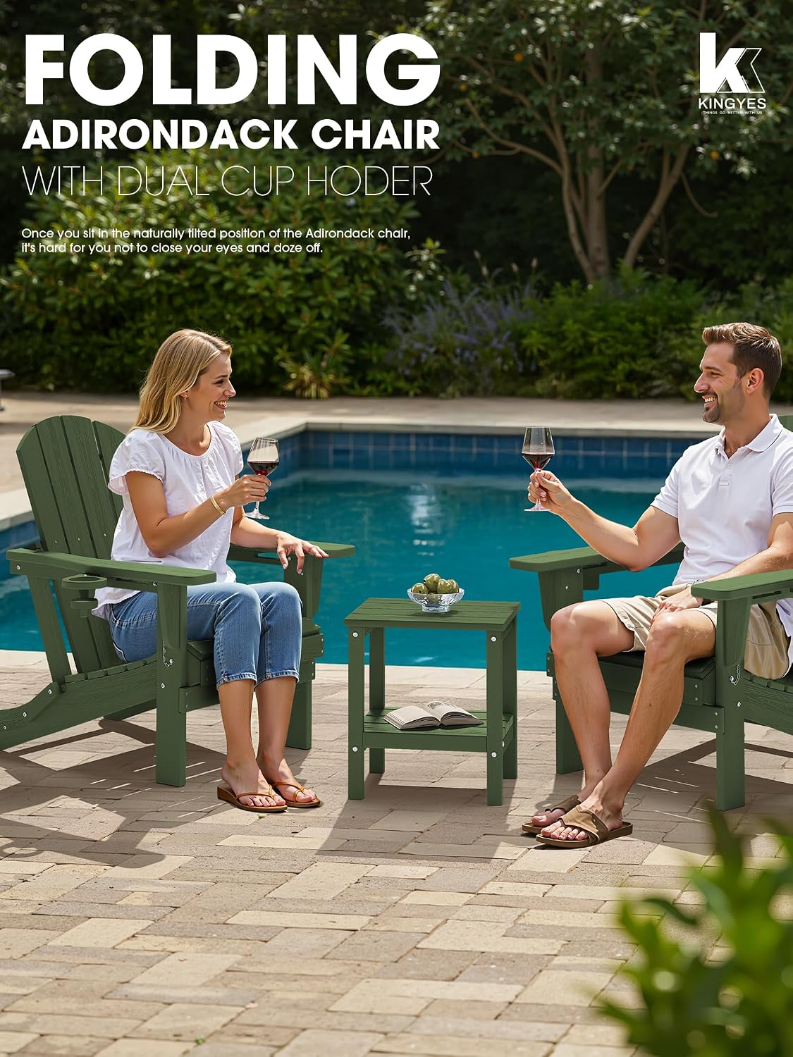 KINGYES Folding Adirondack Chair Set of 4 with 2 Cup Holders, Avocado