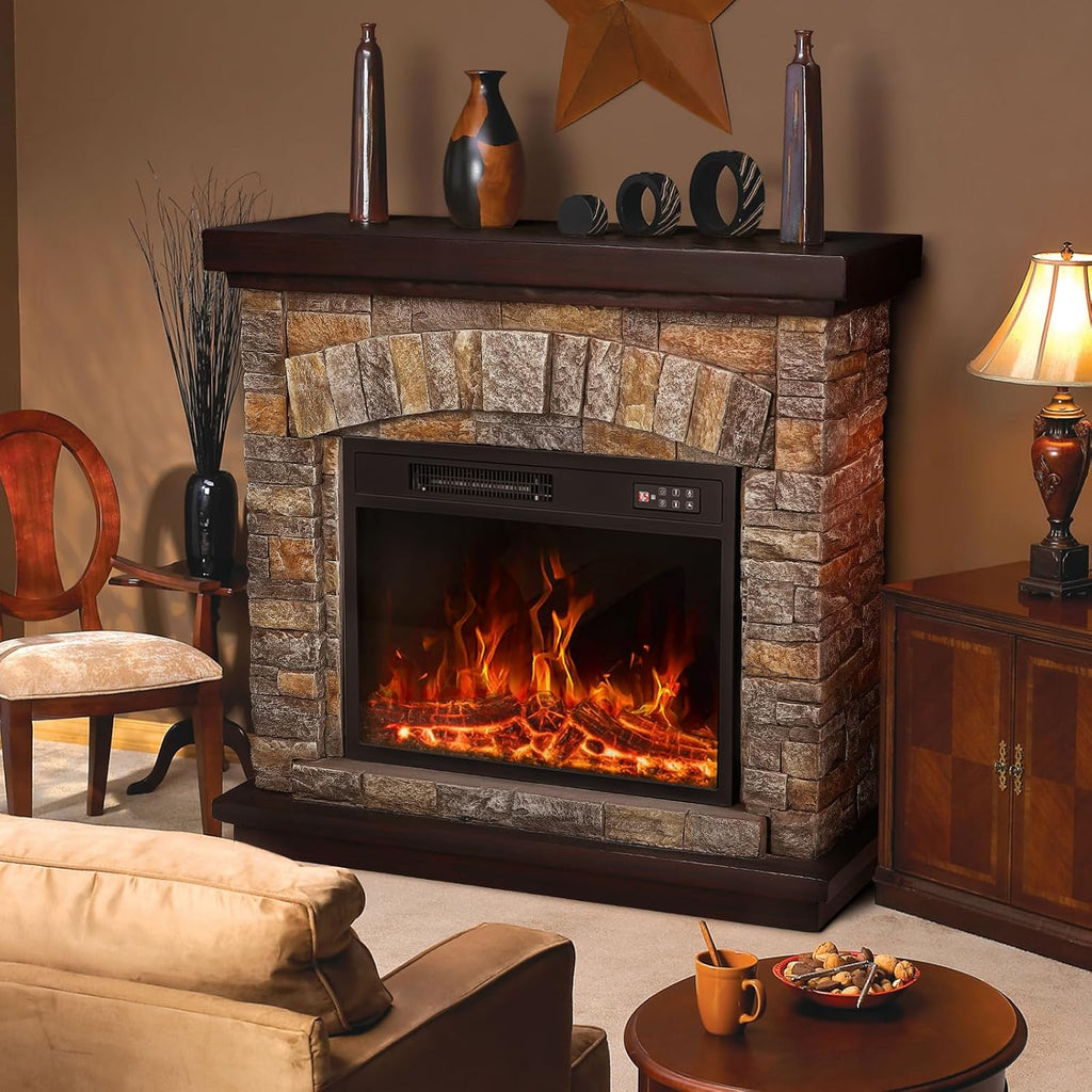 PUKAMI Electric Fireplace with Mantel, Realistic Stone Finish Freestanding Heater TV Stand, 3D Log Flame Effect with Remote Control, 750W/1500W