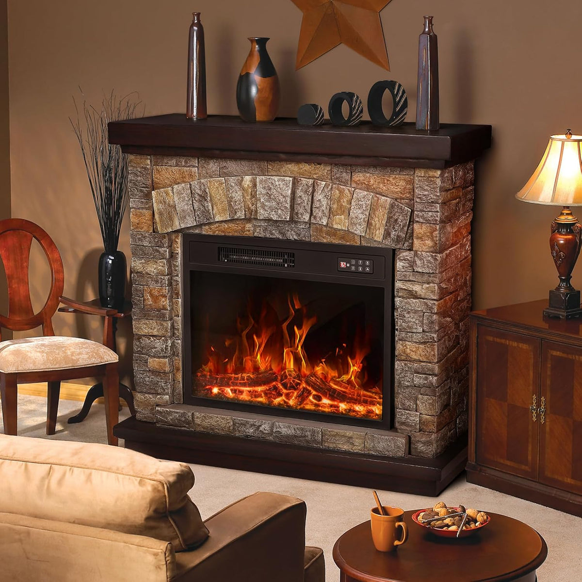 PUKAMI Electric Fireplace with Mantel, Realistic Stone Finish Freestanding Heater TV Stand, 3D Log Flame Effect with Remote Control, 750W/1500W