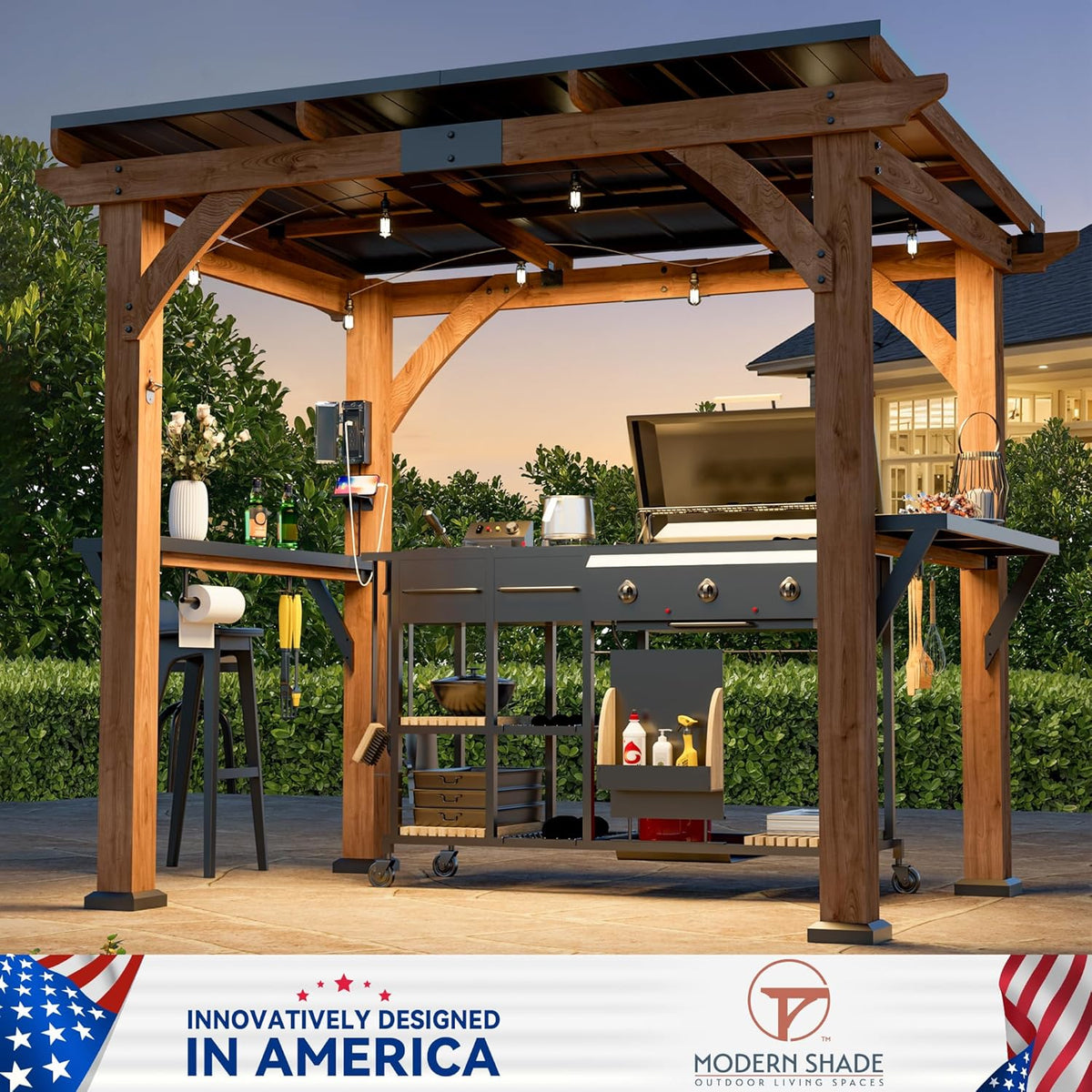 Modern Shade Wood Grill Gazebo 6x8 with USB Charging Power Strip & Shelves